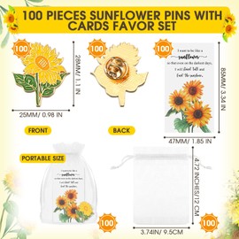 Huquary Gold Yellow Sunflower Brooch Pins with Sunflower Thank You Cards and Mesh Drawstring White Organza Bags for Women Employee Wedding Favors Thank You Gifts(50 Sets)