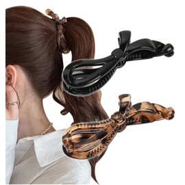 Herbeluemily HM-0102-R02-B Banana Clip, Secure, Hair Clip, Ribbon, Set of 2, B, Black + Clear Tortoise Shell
