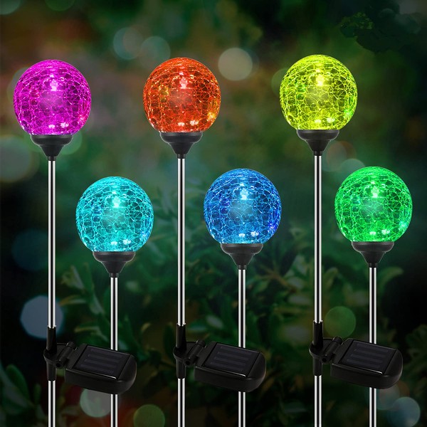 Solar Outdoor Lights - 6 Pack Crystal Glass LED Solar Garden Globe Lights, Color-Changing Solar Stake Lights Auto On/Off, Solar Pathway Lights for Landscape Patio Yard Walkway Christmas Decoration