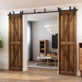 CCJH 12FT Ceiling Mount Sliding Barn Door Hardware Kit Low Ceiling L-Shape Bracket System for 36" Wide Double Wood Door Heavy Duty (Basic Style Hanger)