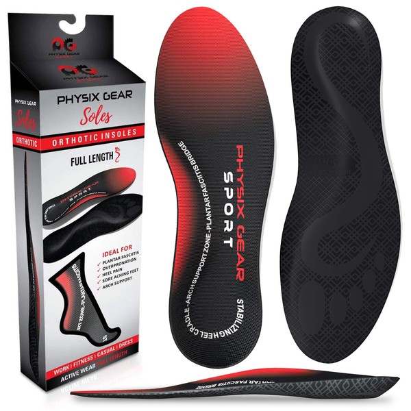 Arch Support Insoles Men & Women by Physix Gear Sport - Orthotic Inserts for Plantar Fasciitis Relief, Flat Foot, High Arches, Shin Splints, Heel Spurs, Sore Feet, Overpronation (1 Pair LARGE)