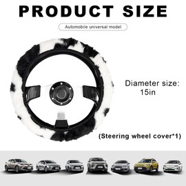 MUQIDA Cow Print Car Accessories Set, Fluffy Cow Print Plush Steering Wheel Cover, Gear Shift Cover, Warm Fuzzy Console Armrest Pad & Handbrake Cover, Car Decoration Accessories (Steering Wheel Cover)