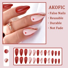AKOFIC 24Pcs Short False Nails Oval, French Almond Acrylic Press on Nails Designs, Full Cover Stick on Nails, Fake Nails with Jelly Glue for Women Girls Nail Art (Pink Red Heart)