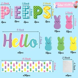 AwserTantue 108Pcs Easter Hello Peeps Cutouts Bulletin Board Set Easter Bunny Peeps Paper Cut-Outs Easter Day Bunnies Trim Border Bulletin Board for School Classroom Nursery Blackboard Door Wall Decor