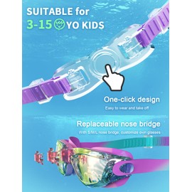 Hurdilen Kids Swim Goggles, Swimming Goggles for Kids Children, Anti-Fog Anti-UV Youth Swim Glasses with Nose Clip, Earplugs for Age 3-15