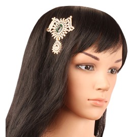 Touchstone Indian Bollywood Impressive Style Fine Filigree Faux Emerald White Rhinestone Designer Bridal Jewelry Hair Accessory Jurapin In Gold Tone For Women.