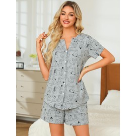 ENJOYNIGHT Womens Pajama Set Button Down Tee and Shorts Sleepwear Pjs with Pockets (Large, Grey Cat)