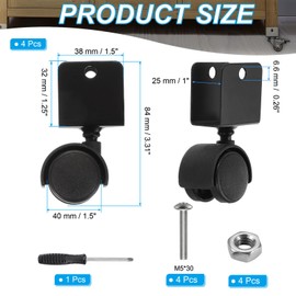 PATIKIL 1.5" Swivel Caster with 1" U Bracket, 4 Pack 360° Rotation Swivel No Noise Wheel Total Load Capacity 66 Lbs for Furniture Legs