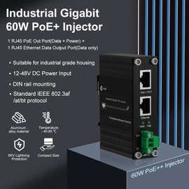 E-link Hardened Industrial Gigabit PoE++ Injector 48VDC Input PoE++ 60W up to 100 Meters Output DIN- Rail Wall Mount -40°C to 80°C IP40 5