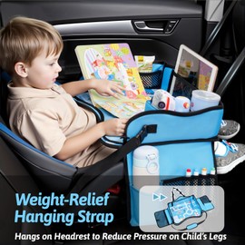 OUOZZZ Kids Travel Tray for Car - Boy's Safety Seat Table, Toddler Road Trip Essentials - Carseat/Airplane Lap Desk with Weight-Relief Strap, Non-Skid Silicone Base, Waterproof Dining/Craft Mat