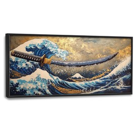 Japanese Wall Art, Samurai Sword Pictures Wall Decor,The Great Wave Canvas Prints Painting, Large Framed Artwork For Bathroom Living Room Office Bedroom 60"x 30"