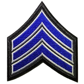U.S. Army Sergeant E-5 Stripe Army Uniform Chevron Rank Sew on Iron on Arm Shoulder Embroidered Applique Patch - Blue on Black - by Ranger Return (RR-IRON-E5-BKBL)