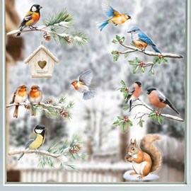 6 Sheets Double-Sided Christmas Window Stickers for Glass Robin Bird Window Clings Decals for Christmas Winter Seasonal Window Decoration
