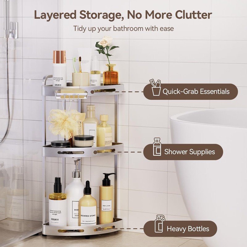 Binecer Corner Shower Caddy Standing, 3 Tier Shower Organizer Stand