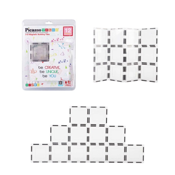 PicassoTiles 12 Pieces Clear Transparent Magnetic Building Tiles Blocks Expansion Construction Set Magnets STEM Learning Kit Educational Toys Preschool Toddler Children Boys and Girls Ages 3+ Years