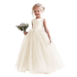 MCieloLuna Lovely Satin Tulle Flower Girl Dresses for Wedding Bow-Knot Crystal Belt Floor Length Princess Pageant Baptism First Communion Dress Ivory 06