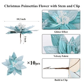 SHACOS 10 pcs 10" Artificial Light Blue Poinsettia Flowers Clips on Velvet Floral Picks Christmas Flowers Christmas Tree Ornaments Wreath Garland Decoration