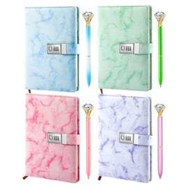 Zonon Diary with Lock Marble PU Leather A5 Journal Combination Lock Secret Personal with Diamond Pen(Red, Blue, Green, Purple,4 Pcs)