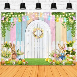 Mocsicka Spring Easter Backdrop Easter Bunny Colorful Wood Photography Background White Gate Colorful Eggs Floral Baby Kids Portrait Photo Booth Props (8x6ft)