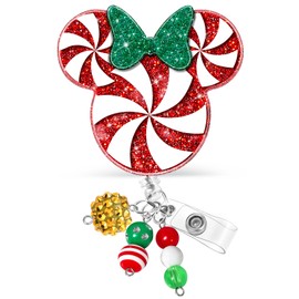 JoySolar Christmas Badge Reel Retractable - Cute Cartoon Red White Mouse Retractable ID Name Card Badge Reel Holder with Alligator Clip, Nurse Office Medical Worker Student Accessories Gifts