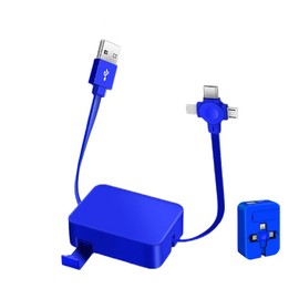 Gartmost Three in One Charging Cable Roll, Data Transfer, 3 in 1 Charging Cable Retractable, Phone Holder, Compatible USB C(Type-C)/Micro USB/IP, Compatible with Phone, Android, Tablets (Blue)