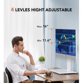 Hemudu Single LCD Computer Monitor Free-Standing Desk Stand Riser for 13 inch to 32 inch Screen with Swivel, Height Adjustable, Rotation, Holds One (1) Screen up to 77Lbs(HT05W-001) White