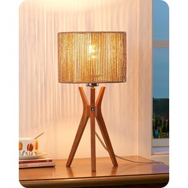 EDISHINE 17.5" Rattan Table Lamp, Wood Bedside Lamp with Handmade Paper Rope Woven Lampshade, Nightstand Lamp for Living Room, Bedroom, E26 Base, ON-Off Switch