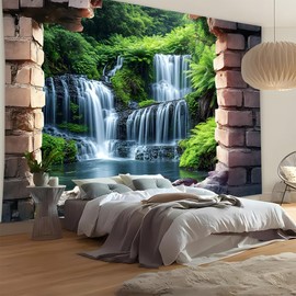 FENDROM Nature Forest Waterfall Tapestry,Polyester Wall Hanging 3D Stereoscopic Window View Sense Wall Art,Landscape Waterfalls Forest Plant Background for Bedroom Living Room Dorm Decor