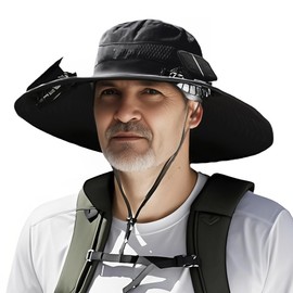FishTrip Wide Brim Solar Fan Hat, Outdoor Sun Hat with 2 Solar Power Fan for Men Women UPF 50+ Sun Breathable Bucket Fishing, Black, 2