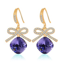 Austrian Crystal Cushion Cut Square Drop Bow Earrings for Women Fashion 14K Gold Plated Hypoallergenic Jewelry (Tanzanite)