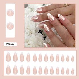 French Tip Press on Nails, DX Grandway, Almond Nail Tips, Short, Silver, Shining, for Women and Girls, Cute Fashion Trending Easy Apply in 12 sizes - 24pcs
