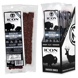 ICON Meats Bison and Beef Jerky Steak Strips - Savory Flavor - 8 Packs Per Box, 2 Strips Per Pack, USDA Approved, All Natural Meat Sticks, Diet Friendly, High Protein, Low Calorie, Low Sugar