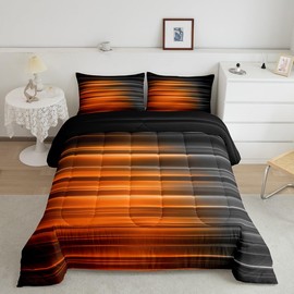 Feelyou Orange and Gray Striped Bedding Set Queen, Geometric Abstract Ombre Comforter, Gradient Lines for Kids, Black Striped Duvet Set 3Pcs
