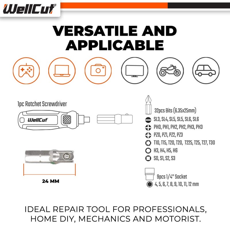 WELLCUT 44 pcs Universal Ratchet and Screwdriver Bit Set with