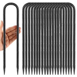 Besitu 12 Inches Trampoline Wind Stakes 16-Pack, Heavy Duty U Stakes for Ground, Trampoline Tie Down Anchor Kit for Swing Set and Soccer Goal Galvanized Steel Anchors Black