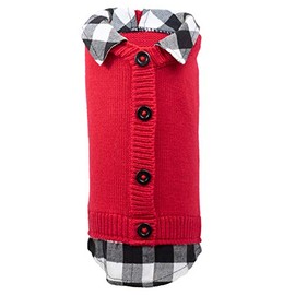 The Worthy Dog Plaid Layered-Look Two-fer Pet Pullover Cardigan Sweater, Warm Knitwear Winter Clothes for Pets, Cold Weather Outfits for Dogs, Red - XL