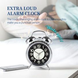 Super Loud Alarm Clock for Heavy Sleepers,4 inches Twin Bell Alarm Clock with Backlight,Battery Operated,Silent Non Ticking,for Kids,Adults,Bedrooms,Retro Decor Desk Analog Clocks.. (Noctilucent)