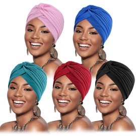 DRESHOW 5 Pack Women Turban African Pattern Knot Headwrap Beanie Pre-Tied Bonnet Chemo Cap Hair Loss Hat