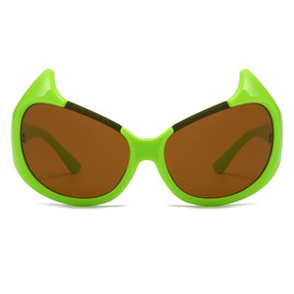 LJCZKA Vintage Cat Eye Sunglasses Women Men Retro Oval Sunglasses y2k Wraparound Sunglasses Devil Demon Hippie Glasses Oval, green / brown
