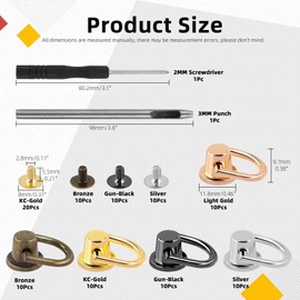Hilitchi 52 Sets 5 Colors D Rings Rivets for Leather Purse, D Ring Stud Screw 360 Degree Rotatable Ball Post Head Buttons Chicago Stud Screw with Hole Punch and Screwdriver for Purse, Handbags