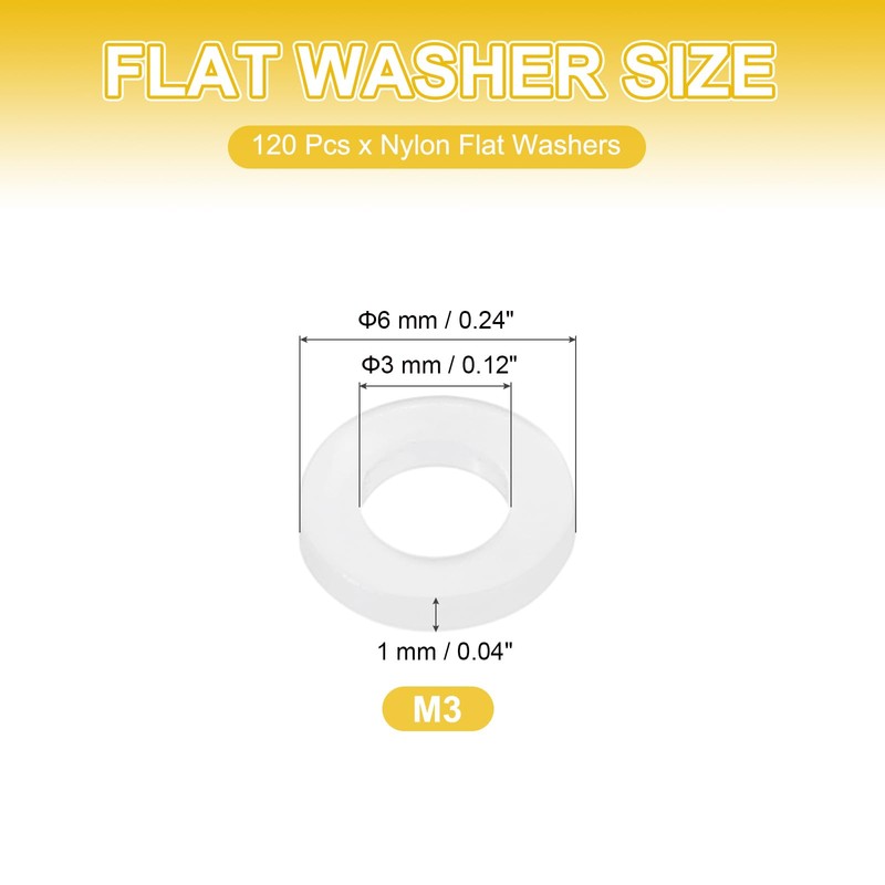PATIKIL M3 Nylon Flat Washers, 120 Pcs 3mm ID 6mm