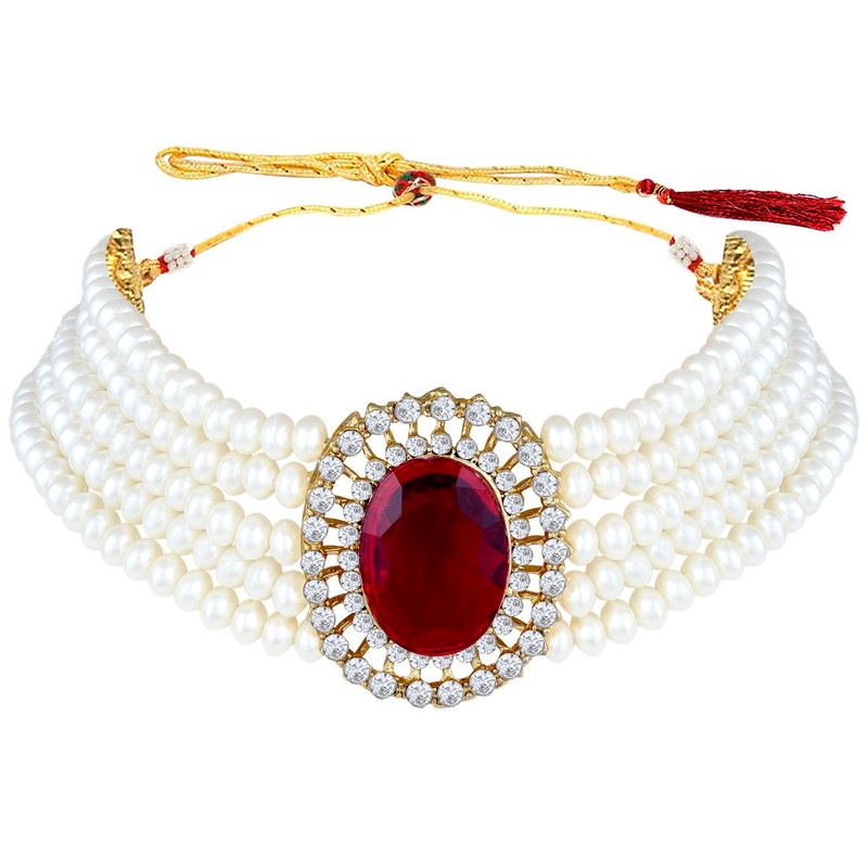 Aheli Kundan Pearl Gargantilla de cuentas de varias capas Pendientes