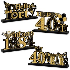 4 Pieces 40th Birthday Decorations Wooden Vintage 1983 Table Party Supplies, Black Gold Cheers to 40 Years Table Centerpieces Sign, Happy 40th Anniversary Bday Hello Forty Table Decor