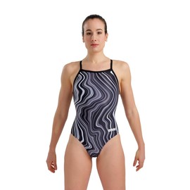 ARENA Women's Standard Performance Marbled Sports Swimsuit Light Drop Back Bathing Suit, Black/Black Multi
