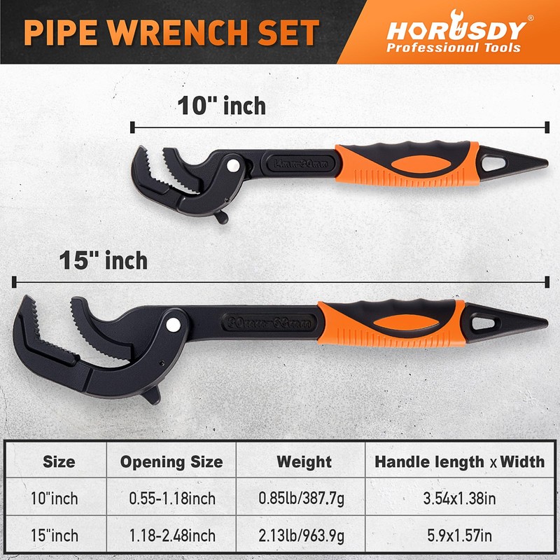 HORUSDY Heavy Duty Pipe Wrench Set, 10” and 15” Self-Adjusting