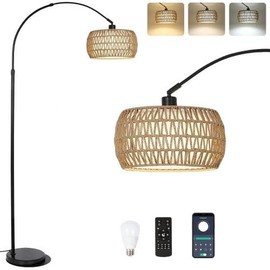 ROCKRAIN Arc Floor Lamp with Remote: Adjustable Height Standing Light 62-72.8" - Dimmable LED Bulb & Rattan Shade for Living Room Bedroom Reading