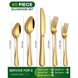 PHILIPALA 40 Piece Gold Silverware Set, Stainless Steel Flatware Set for 8 Food Grade Cutlery Utensil Set Include Knife Fork Spoon Mirror Polished Dishwasher Safe