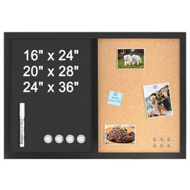 4 THOUGHT Chalkboard Corkboard Combo, 24" x 16" Bulletin Cork Board Magnetic Chalk Board for Wall Combination Board Black Frame Double Use Black Board Cork Board 1 Marker 4 Magnets 10 pins