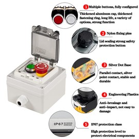 Push Button Box Ip67 Button Switch with Emergency Stop Button Green Push Button with Protective Cover Anti-Misoperation Switch(Ac/Dc 6a-110v/3a-240v/2.5a-380v)