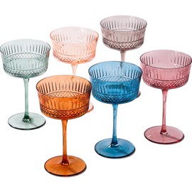 Physkoa Colored Vintage Art Deco Coupe Glasses- 9.3 oz Vintage Coupe Glasses Set of 6-Crystal Martini Cocktail Glasses-Vintage Cocktail Glasses Set-Classic Colored Coupe Glasses-Long Stem Glassware